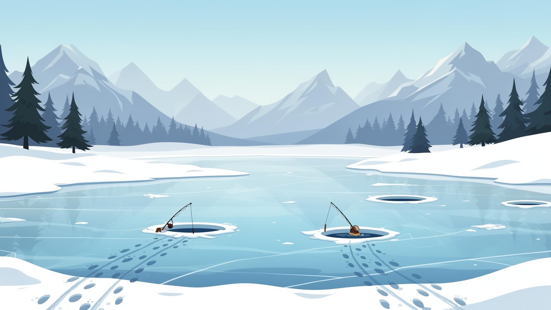 Paisaje invernal con lago congelado y pescadores en el hielo